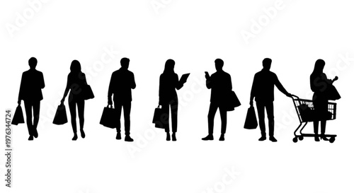 Group of silhouetted shoppers with various bags and a stroller in a line isolated on transparent background, Vector