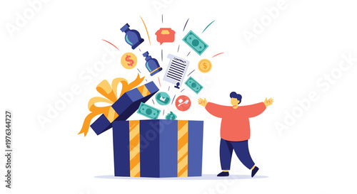 Surprised man, opening gift box, money, rewards, surprise