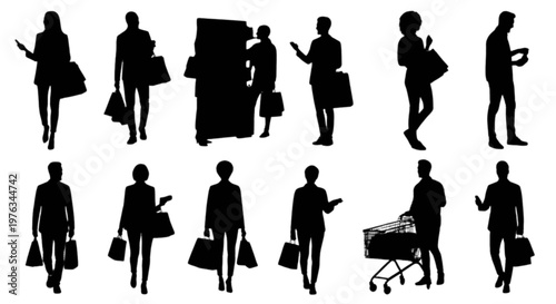 Silhouettes of people walking with a baby stroller in a group isolated on transparent background, Vector