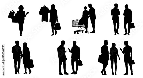 Group of silhouetted people engaging in various daily activities isolated on transparent background, Vector