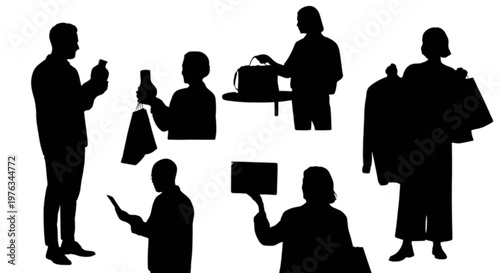 Group of diverse silhouettes engaged in various professional activities together isolated on transparent background, Vector