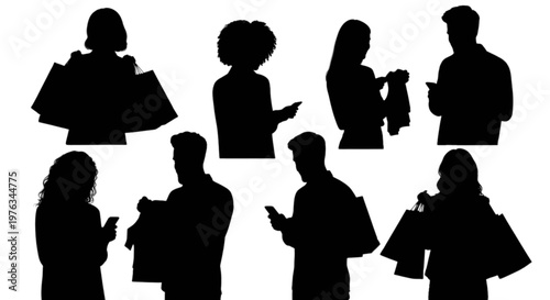 Silhouettes of diverse people engaged with mobile devices in a group setting isolated on transparent background, Vector