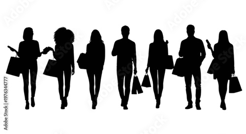 Group of silhouetted people walking in a line with shopping bags isolated on transparent background, Vector