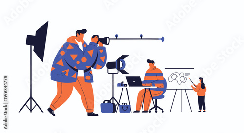 Film crew, videography team, production team, video makers, colorful illustration