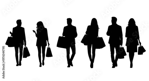 Silhouettes of five people walking together in a line holding shopping bags isolated on transparent background, Vector