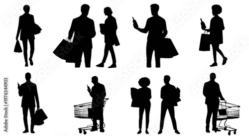 Group of diverse silhouettes shopping with various items in a bustling environment isolated on transparent background, Vector