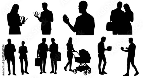 Various silhouettes of people engaged in different activities isolated on transparent background, Vector
