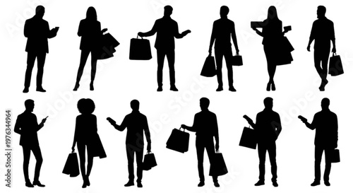 Diverse silhouettes of people walking with luggage in various directions isolated on transparent background, Vector