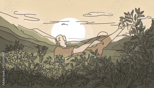 Person stretching arms up in a field at sunrise.