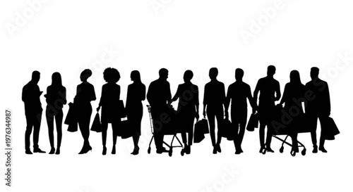 Group of silhouetted people standing side by side in a line formation isolated on transparent background, Vector