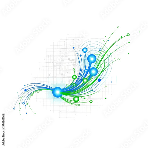 Abstract digital design with flowing blue and green lines, glowing spheres, and a subtle grid background, representing data flow or connectivity.