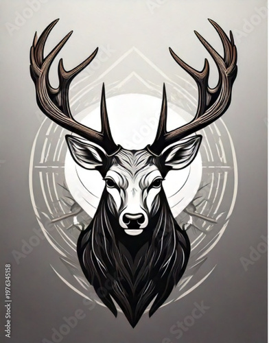 Majestic Stag Head with Intricate Antlers and Geometric Design.