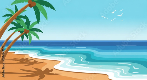 Tropical palm tree with curved trunk and green fronds.