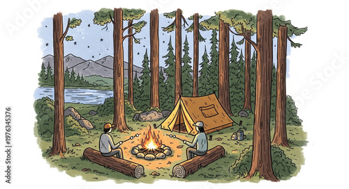 Two Campers Sitting By A Tent And Campfire.