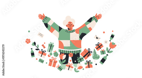 Joyful senior woman, colorful presents, festive holiday cheer, vector illustration