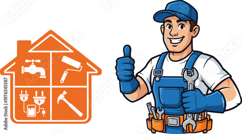 Cartoon handyman with wrench and tool belt beside house icon featuring plumbing, painting, electrical, and carpentry symbols for home repair services illustration.