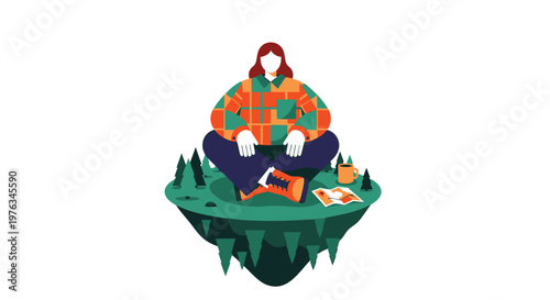 Flat design woman meditating on floating island, green landscape, colorful illustration, relaxation concept, mindfulness vector