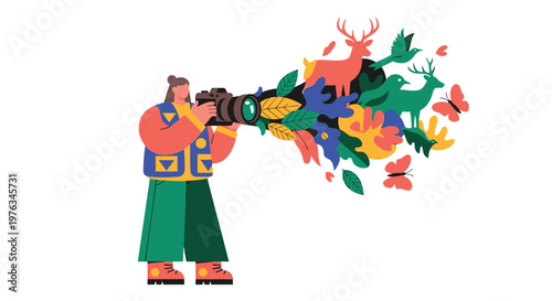 Colorful illustration of photographer, wildlife photography, nature lover, colorful animals