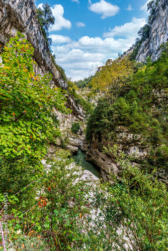 Walking through the Anisclo Canyon in Spain. One of the most spectacular landscapes in Aragon, Pyrenees in Spain