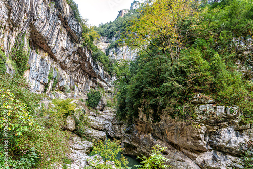 Walking through the Anisclo Canyon in Spain. One of the most spectacular landscapes in Aragon, Pyrenees in Spain