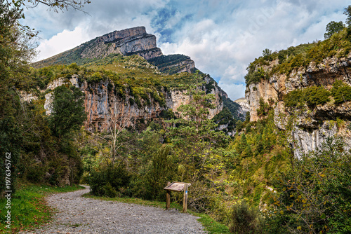 Walking through the Anisclo Canyon in Spain. One of the most spectacular landscapes in Aragon, Pyrenees in Spain