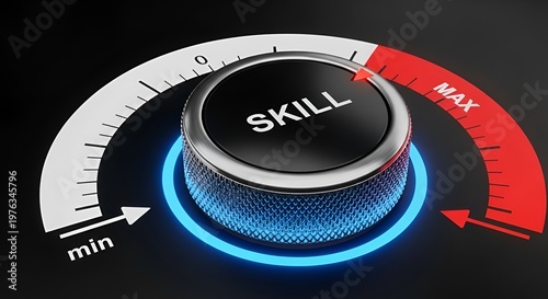 a dial with skill level adjustment from min to max, glowing blue light, concept for business, education, or personal development