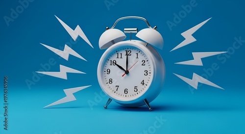 A white alarm clock with lightning bolts on a blue background, representing urgency, time pressure, and alarm. Ideal for marketing, advertising, and business concepts.