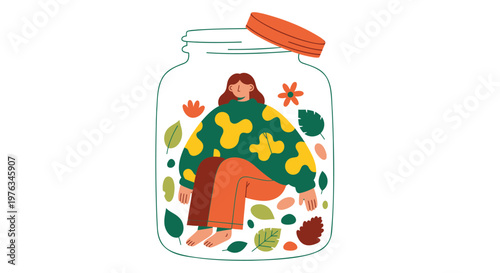 Vector illustration of woman in jar, surrounded by leaves and flowers, whimsical design element