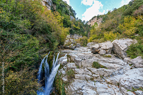 Walking through the Anisclo Canyon in Spain. One of the most spectacular landscapes in Aragon, Pyrenees in Spain