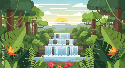 Multi tiered tropical waterfall with flowing cascades.