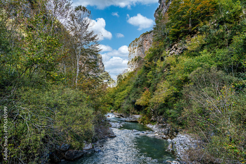 Walking through the Anisclo Canyon in Spain. One of the most spectacular landscapes in Aragon, Pyrenees in Spain