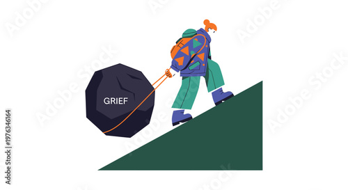 Overcoming obstacles, struggling with grief, climbing uphill, mental health, vector illustration