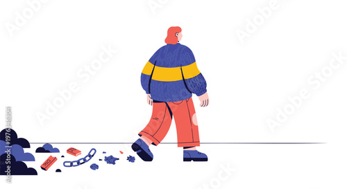 Vector illustration of a person walking away from scattered tools, broken chain, blue, yellow, orange