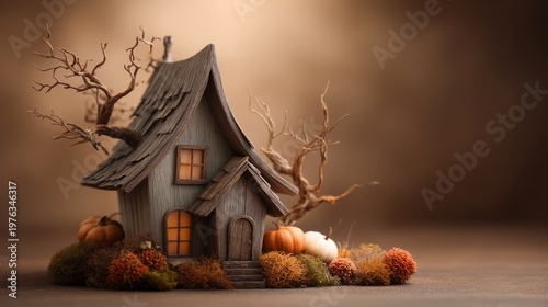 Miniature Haunted Cottage Decorated with Wooden Ornaments and Autumn Colors