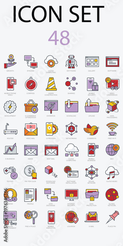 Extensive collection of 48 diverse and colorful icons representing various objects and concepts for design projects