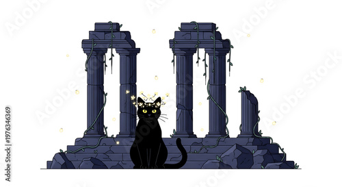 A mystical black cat sits in front of ancient stone ruins with glowing eyes
