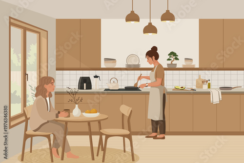 Women in kitchen cooking and drinking coffee in japandi style interior vector illustration.