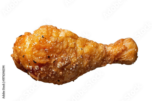 Fried chicken drumstick, golden crispy coating, seasoned with black pepper and salt, tasty fast food meal snack, transparent background