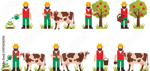 Farmer Working in Farm Collection Vector Illustration Set Featuring Agricultural Activities with Cow Watering Plants Apple Tree Harvest and Rural Farming Scenes