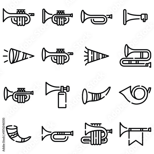 Collection of black and white line art trumpets and horns in various styles and perspectives