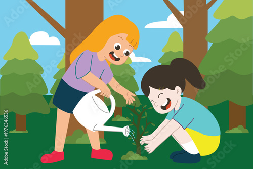 Two young girls are happily gardening together in a lush green environment nurturing a small plant with care