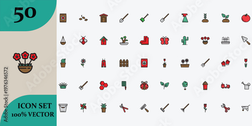 Diverse collection of 50 minimalist icons representing various objects and concepts in red and black