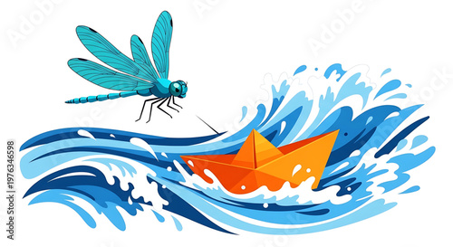 A vibrant dragonfly guides an orange paper boat through turbulent blue waves in a stylized vector illustration