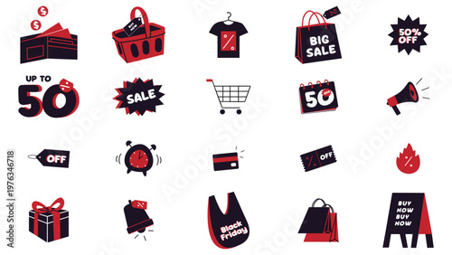 Black friday sale icons collection shopping discounts and promotional elements in a modern style