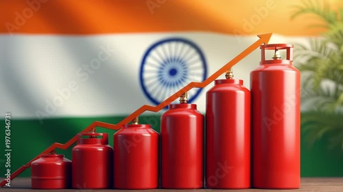 Red gas cylinders aligned with Indian flag background and upward trending graph symbolizing rising prices or demand for cooking fuel in India economy concept visual.
