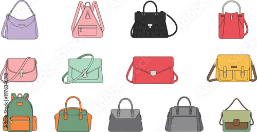 Fashion Bag Collection Vector Illustration Set Featuring Handbags Backpacks and Shoulder Bags in Different Styles for Retail Accessories and Clothing Design Projects