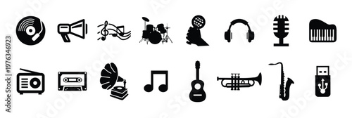 Media player icon set. Set of  music instruments vector icons. Cello icon set in black fill. Editable icons, Vector Illustration.