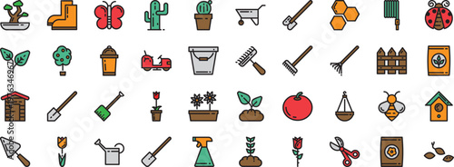 Colorful collection of illustrated icons diverse objects and symbols in a flat design style