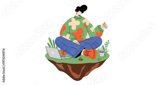 Remote worker, freelancer, business owner, on floating island with laptop