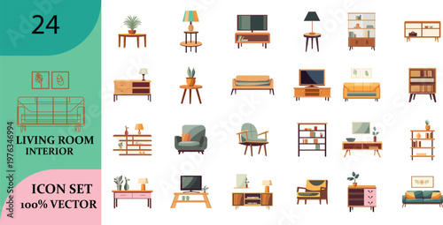 Diverse collection of modern furniture icons and interior design elements in a vector illustration